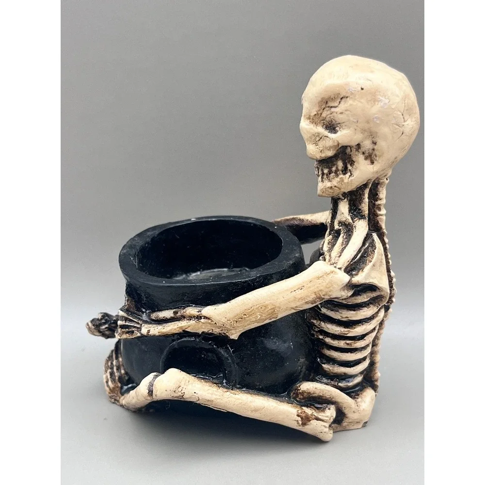 Skeleton Sitting w/ Cauldron Tea Light Candle Holder Gothic Resin Decor‎ 3.5